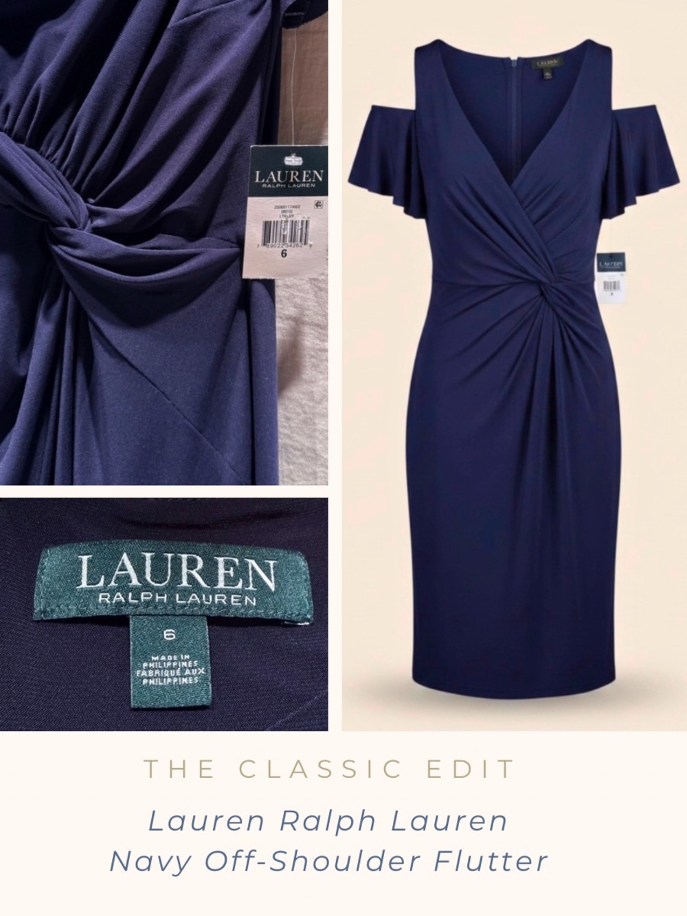 Lauren Ralph Lauren Navy Flutter Sleeve Twist-Front Dress | NWT